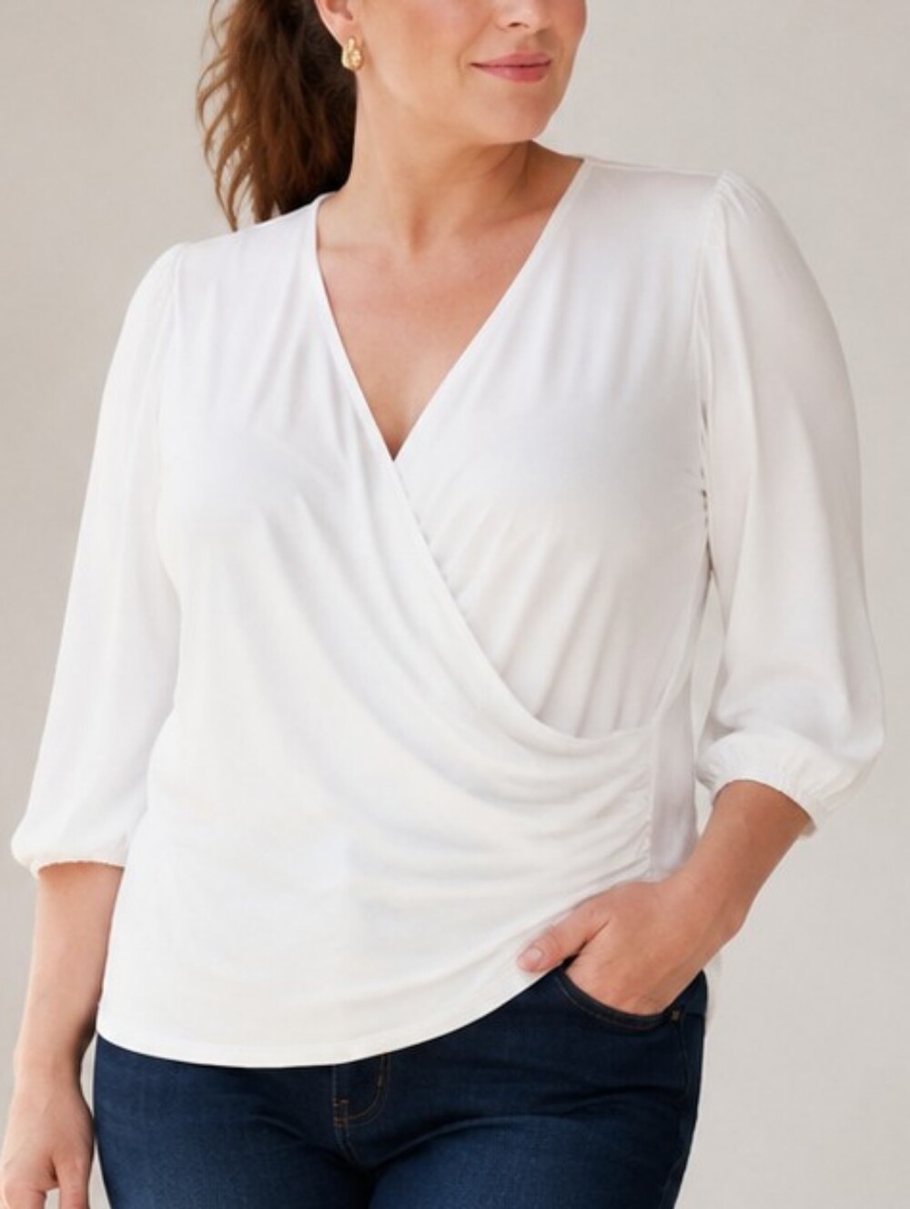 NWT J.Jill Cotton Blend Wrap V Neck Top White XL - Picture 2 of 8